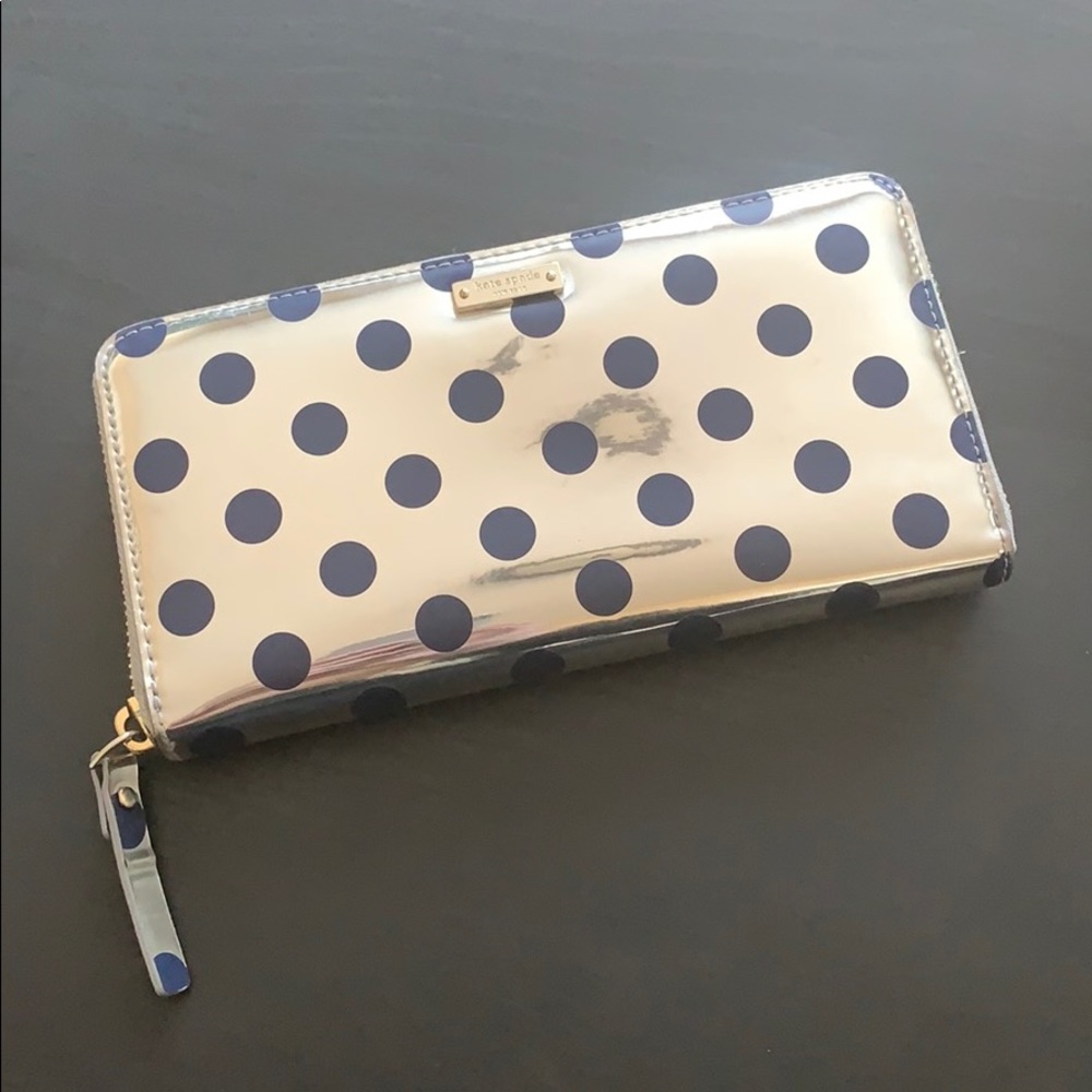 Kate Spade metallic wallet with navy polka dots